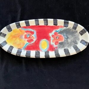 Handmade Ceramic Serving Tray Chickens And Egg On Scarlet “ 12.5”x5.5” Original